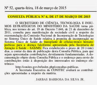  Consulta Publica sobre o transplante de medula óssea para a Doença Falciforme