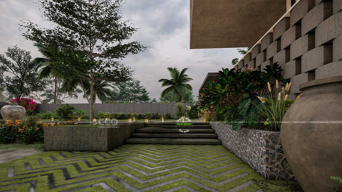 Innovative Green Lawn Design Pattern Amidst Paving Blocks in Tropical Residence