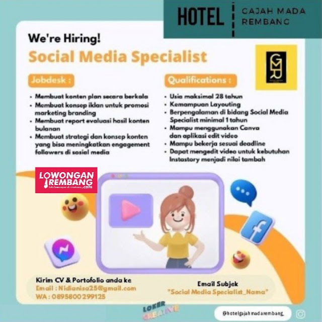 Lowongan Kerja Pegawai Sosial Media Marketing Hotel Gajah Mada Rembang Tanpa Syarat Ijazah