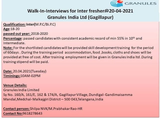 Granules India Ltd | Walk-in interview for Freshers on 20th Apr 2021 at Hyderabad