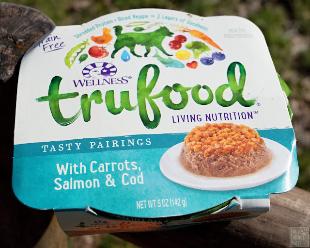 A container of Wellness TruFood Tasty Pairings with Carrots, Salmon & Cod wet dog food
