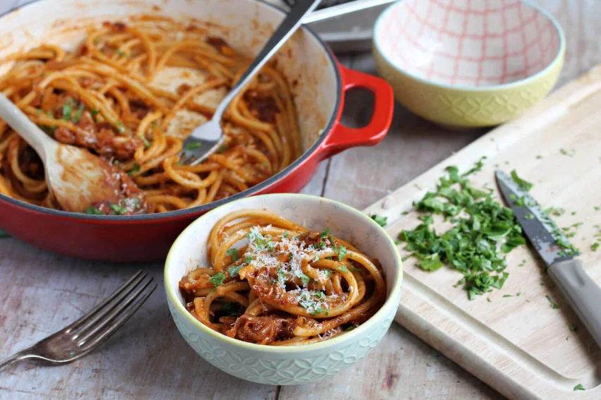 A bowl of caramelised shallot pasta