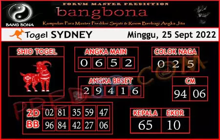 Prediksi Bang Bona Sydney Minggu 25 September 2022