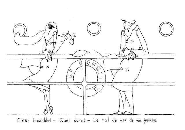 William Faulkner, Drawing of woman and man at rail of ship: Ole Miss 1922 vol. XXVI p. 188, on a page listing the members of the French Club. Unsigned