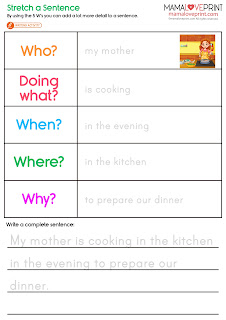 Mama Love Print 自製工作紙 - 學習擴充英文句子工作紙 延伸句子練習 Stretch a Sentence English Worksheets Printable Freebies Activities Daily