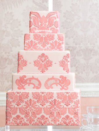 Classic and elegant five square tiers wedding cake with gorgeous damask