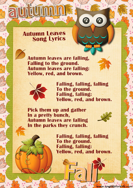 autumn leaves song lyrics, English song for children about autumn