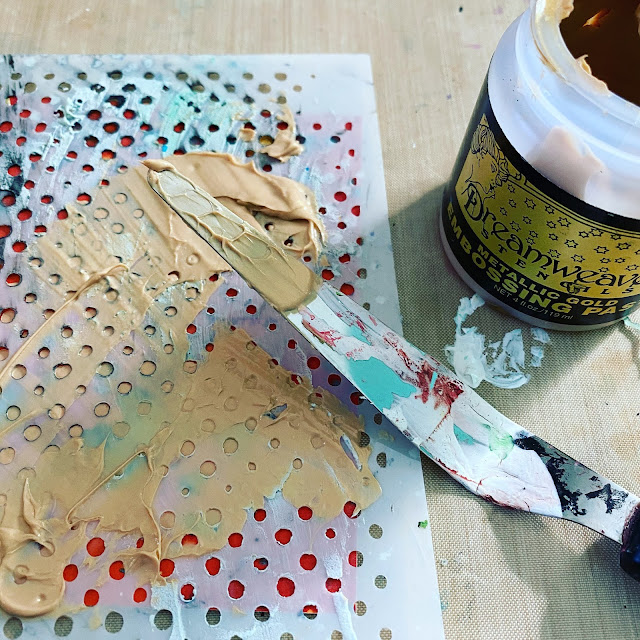 Gold Metallic Embossing paste through a dot stencil for card making background