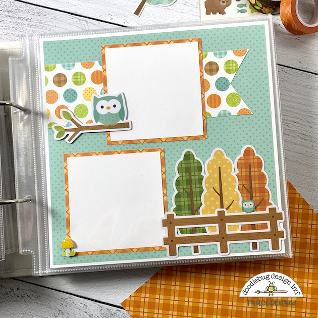 8x8 Fall Scrapbook Pages with cute owls, polka dots, trees, and a fence