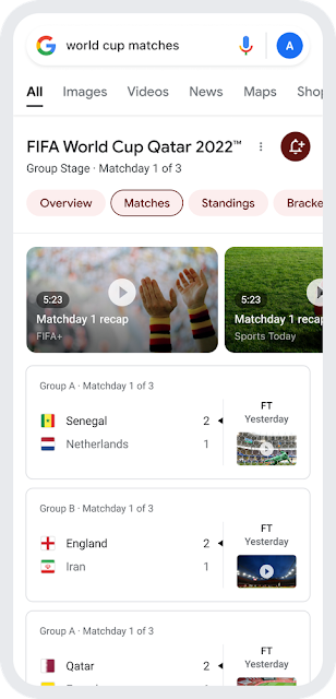 모바일 스크린샷 화면에 월드컵 경기를 구글에서 검색하면 나오는 개별 경기 요약 동영상과 1일 차 전체 요약 동영상 리스트가 보인다.