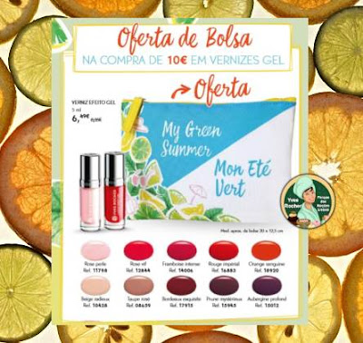 Foto promocional do Catálogo 08/2019 de Yves Rocher com oferta de uma Bolsa My Green Summer na compra de 10€ em vernizes Gel. Ao fundo frutas cítricas em fatias.