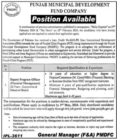 Punjab Municipal Development Fund Company PMDFC Management Jobs In Lahore 2024