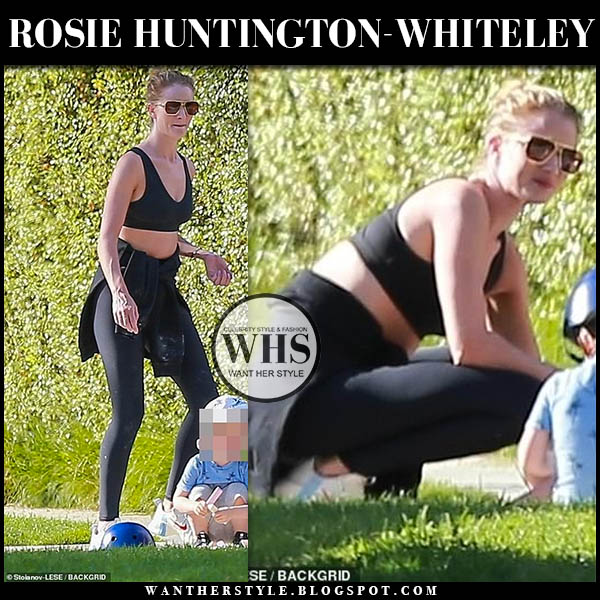 Rosie Huntington-Whiteley in black sports bra and black leggings