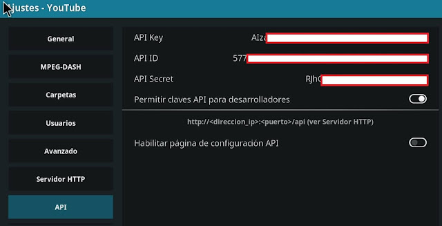 ajustes api youtube addon kodi