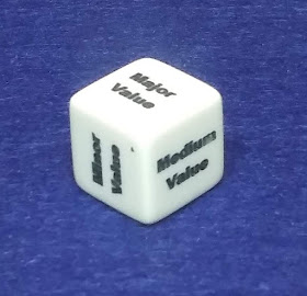 A white cube with the sides marked 'minor value,' 'medium value,' and 'major value.'