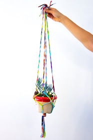 how to make easy DIY Macrame Plant Holders from old tie dye T-shirt fabric yarn, the perfect summer craft for the whole family (kids too!)