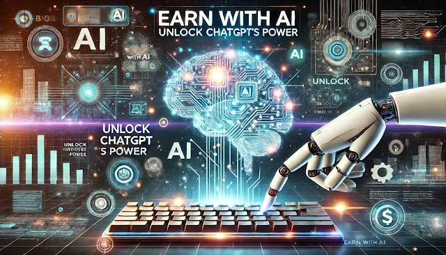 Futuristic AI-themed image featuring a glowing holographic brain with digital circuits, a robotic hand interacting with a digital keyboard, and data streams illustrating the earning potential of ChatGPT and AI technologies.