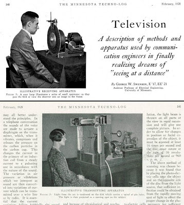 Mechanical TV transmitting and receiver apparatus by George Swenson EE 21 U of Minn Technlog Feb. 1928, p. 140-141