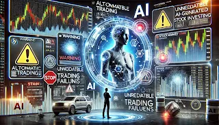 A futuristic financial scene showing AI trading risks, with warning signs, stock market crashes, volatile charts, and a concerned investor monitoring AI-driven stock movements.
