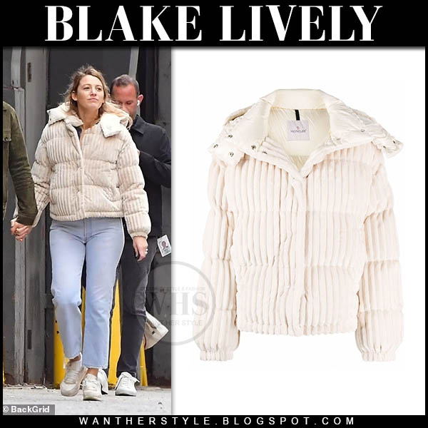 Blake Lively in cream corduroy padded jacket, jeans and sneakers
