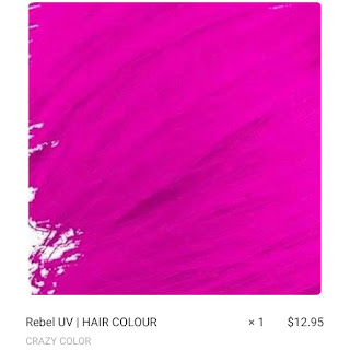 Screenshot of a bright magenta swatch. Text reads "Rebel UV | HAIR COLOUR; CRAZY COLOR; x 1 $12.95".