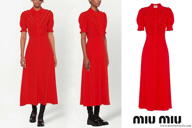 Tatiana Casiraghi wore Miu Miu ruffle-detail silk dress in red