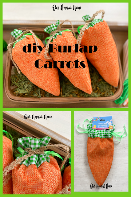 DIY Burlap Carrots in tobacco basket with moss