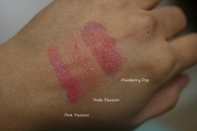 bareMinerals Precious Gems Pop of Passion Lip Oil Balm Trio Pink Passion, Nude Passion, Plumberry Pop Swatches