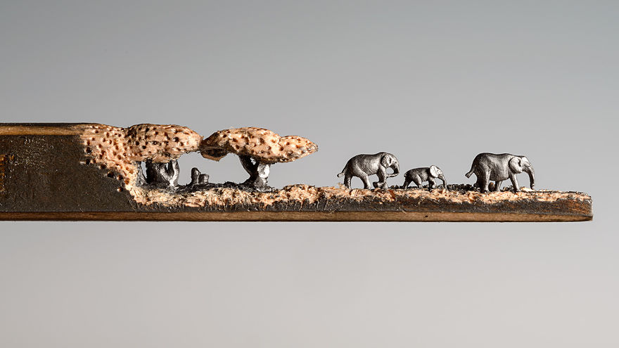 I Carved A Family Of Elephants Into A Pencil - Using the wood of a pencil I carved the tree tops, and the trunks are made from the graphite lead