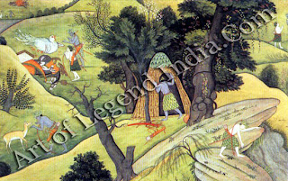 Rama and Lakshmana search everywhere for Sita; they come upon the dying Jatayu; after Jatayu death, in the far distance, they cremate him by the riverside and after fruits in bid memory.