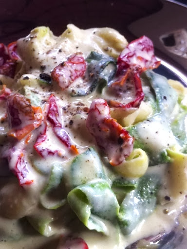 Raw Zucchini Fettuccine and Sun Dried Tomatoes in Cashew Sour Cream Sauce