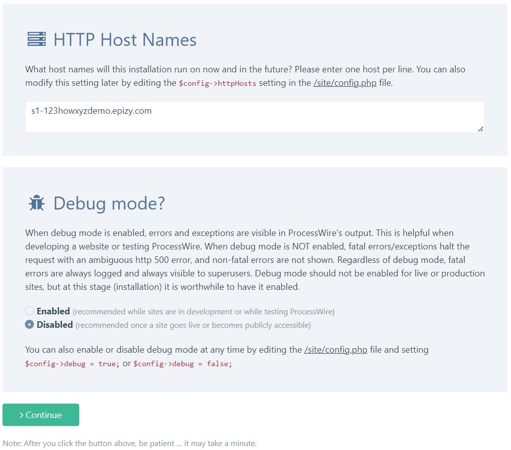 processwire installation http host names and debug mode