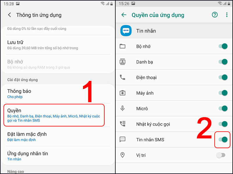 Trượt bật quyền tin nhắn SMS