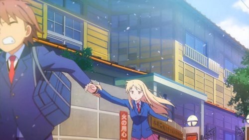 Sorata rushing off camera to the left pulling Mashiro along by the hand as they exit their dorm's front gate with sakura petals flowing everywhere