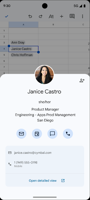 이제 휴대기기에서 Google 스프레드시트의 피플 칩을 사용할 수 있습니다.