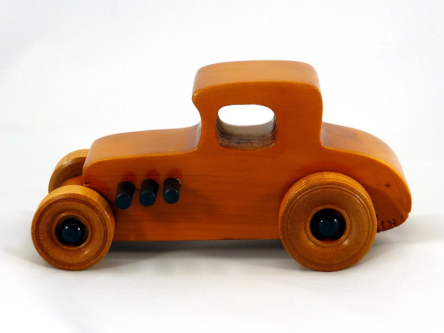 Left Side  - Wooden Toy Car - Hot Rod Freaky Ford - 27 T Coupe - Pine - Amber Shellac - Black Hubs