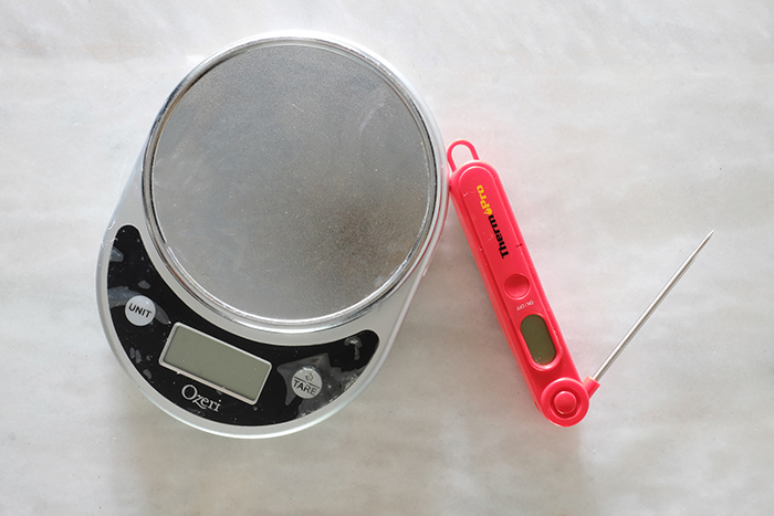 kitchen scale and thermometer