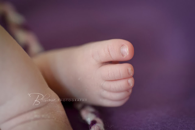 close-up of cute newborn baby toes on purple blanket