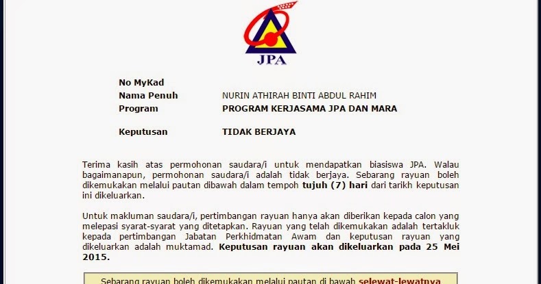 Contoh Surat Rayuan Biasiswa Jpa Mara