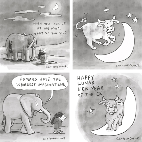 Illustrations of the moon, an elephant, and a cow jumping over the moon, ox over the moon, year of the ox, chinese new year, humor, sketchbook drawing by Connie Sun, cartoonconnie