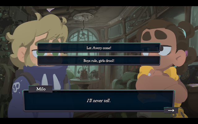 A choice screen from Long Time No See. A: Let Avery Come! B: Boys rule, girls drool