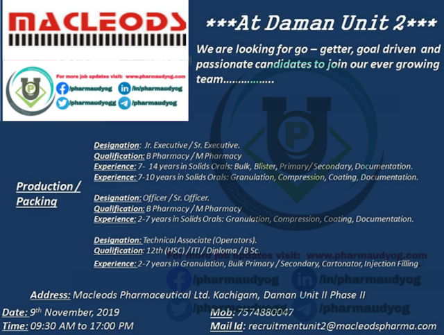 MacLeods | Walk-in interview on 2 Nov 2019 at Daman for Production-Packing | Pharma Jobs- Production