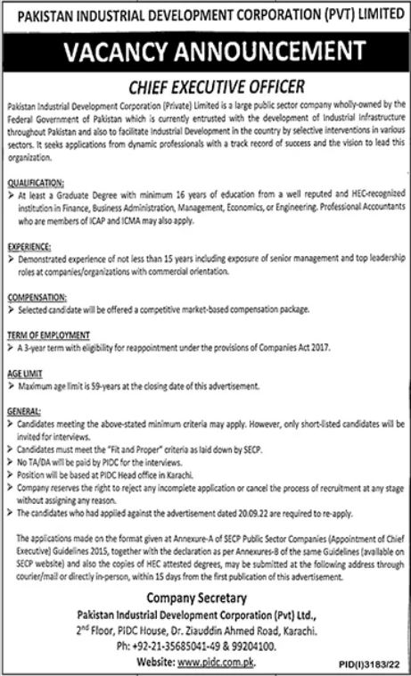 Pakistan Industrial Development Corporation PIDC latest Government Management jobs and others can be applied till undefined NaN, NaN or as per closing date in newspaper ad. Read complete ad online to know how to apply on latest Pakistan Industrial Development Corporation PIDC job opportunities.