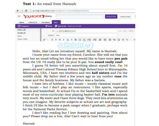 Terjemahan Text 1 An Email From Hannah Untuk Alia Bahasa Inggris Kelas