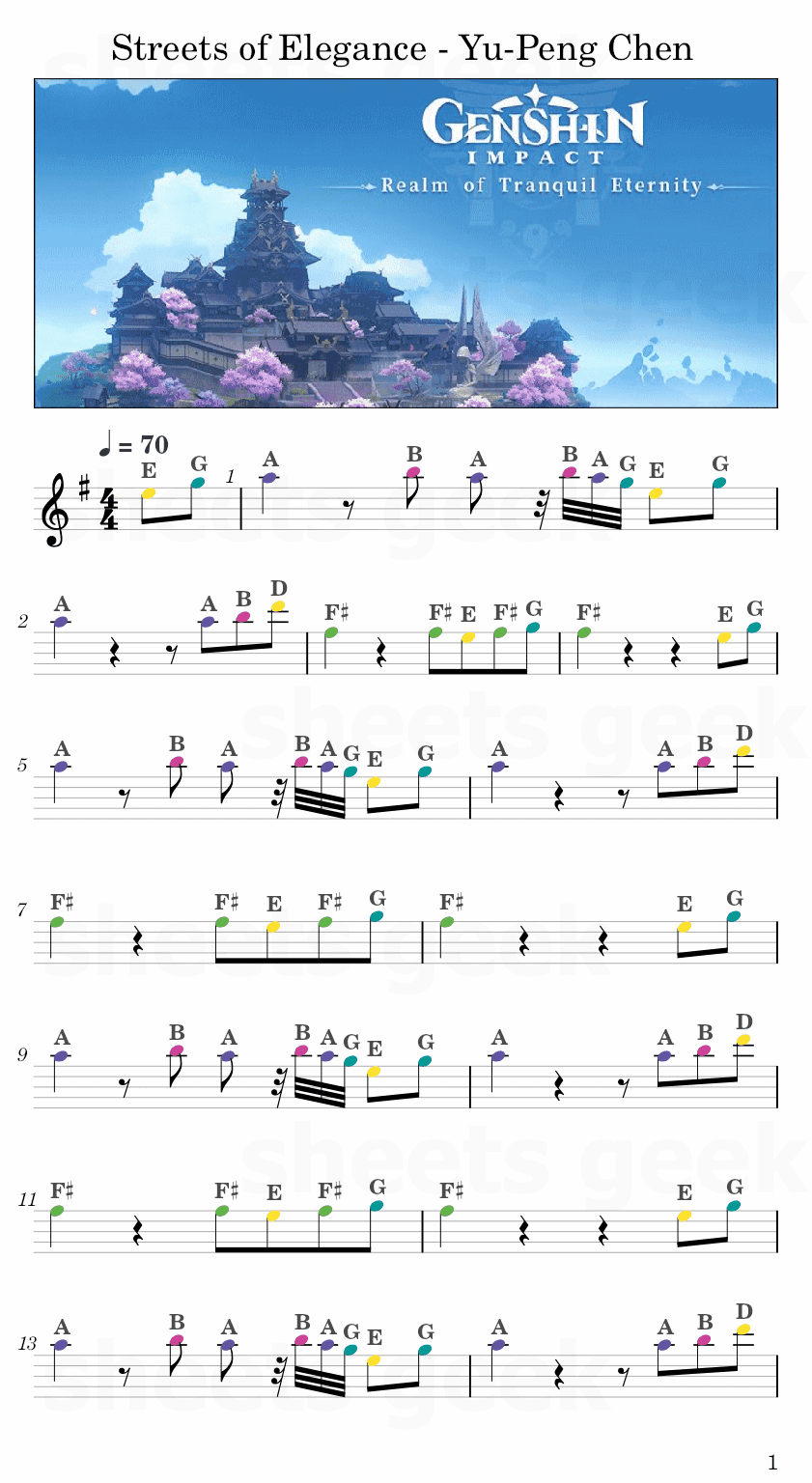 Streets of Elegance - Yu-Peng Chen (Genshin Impact) Easy Sheet Music Free for piano, keyboard, flute, violin, sax, cello page 1