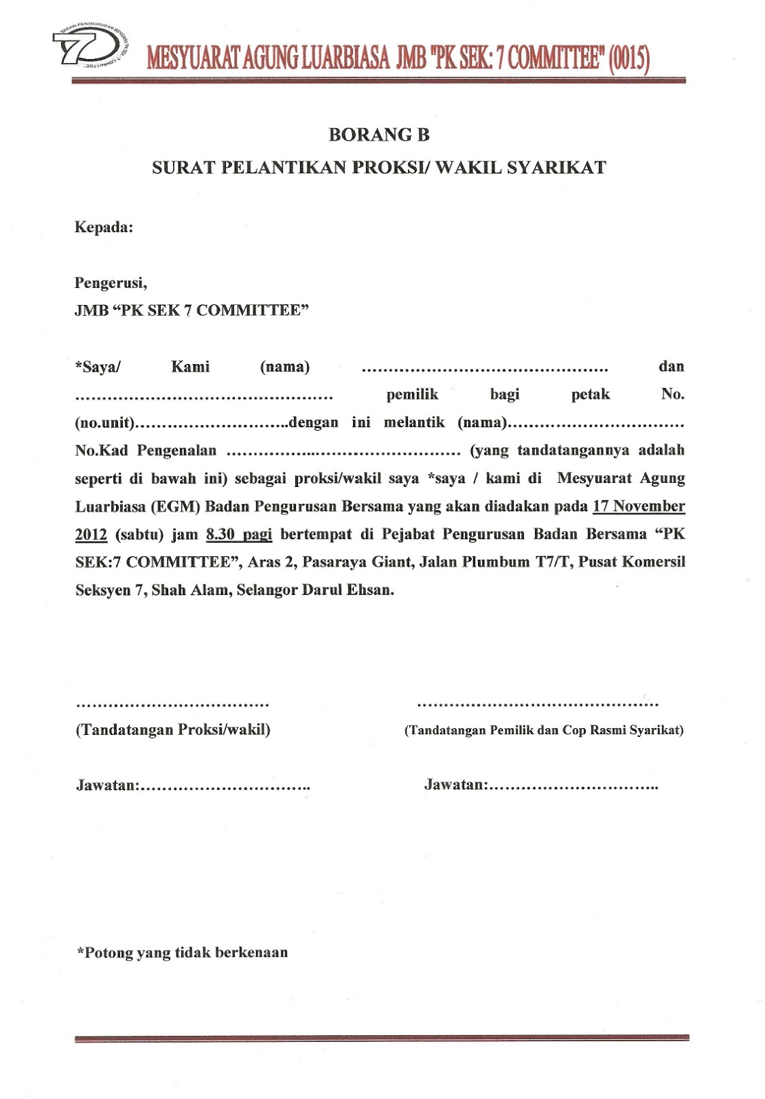 NOTIS JEMPUTAN MESYUARAT EGM 2012 – Badan Pengurusan 