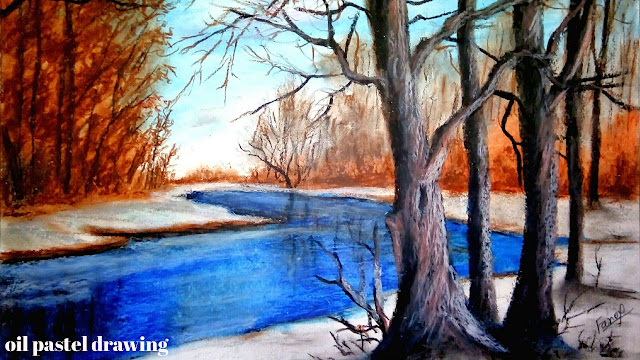 Easy oil pastel drawing step by step -Beautiful Lake Drawing - Landscape Drawing - Scenery Drawing