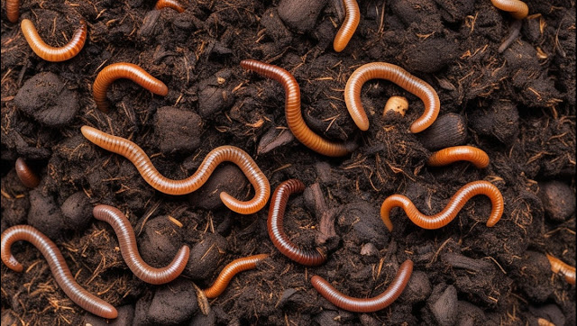 Close-up of earthworms in compost, showing the benifits of  composting coffee grounds for soil health.