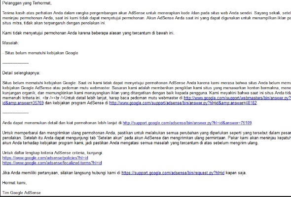 macam-macam email penolakan adsense dan cara mengatasi nya