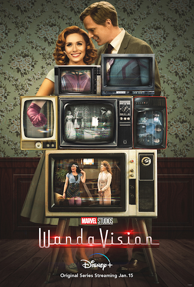 WandaVision promo poster of Wanda and Vision in vintage costumes surrounded by old TVs